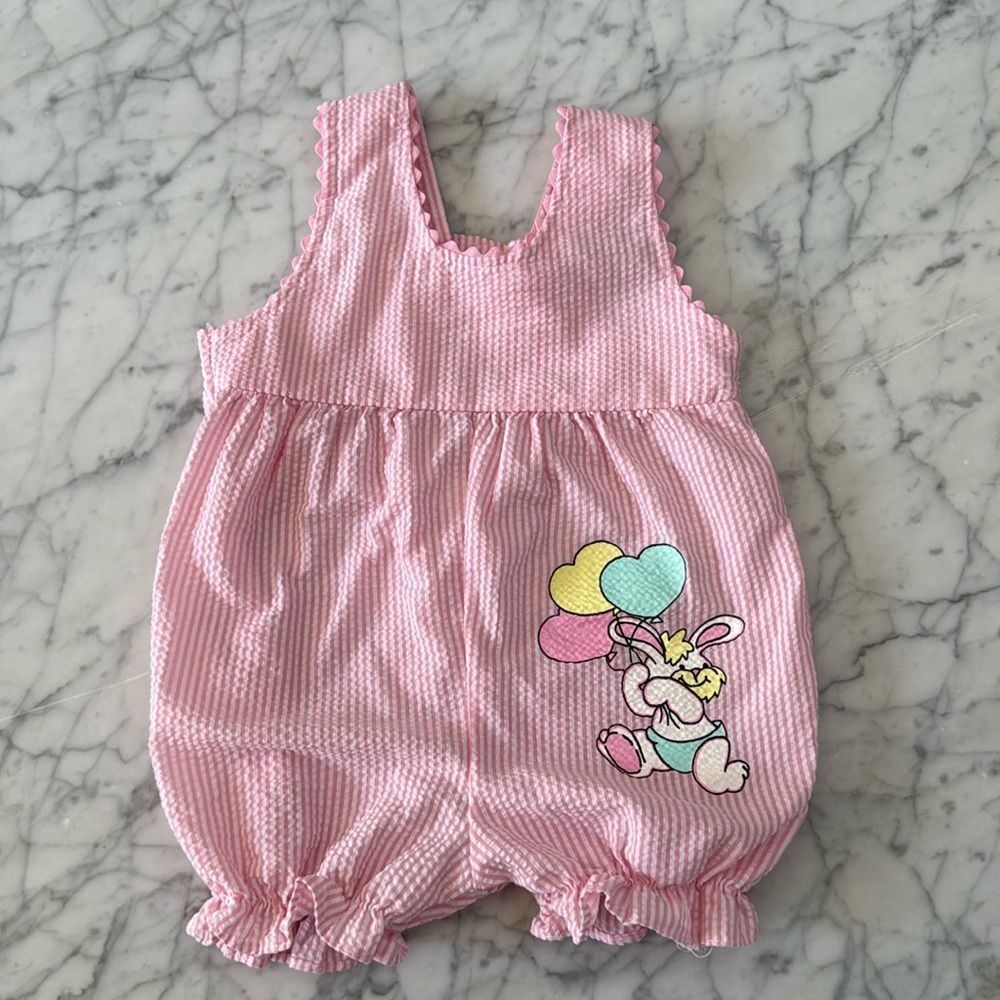 Vintage Baby Girl Pink Striped Ruffle Bubble Romper 6-12M Bunny Balloons